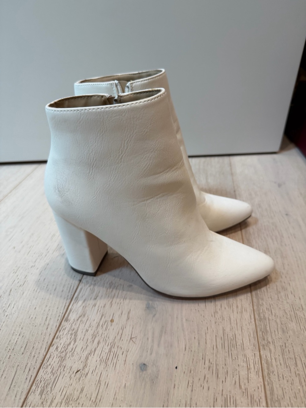 Lulu's Cream Pointed Toe Block Heel Ankle Boots